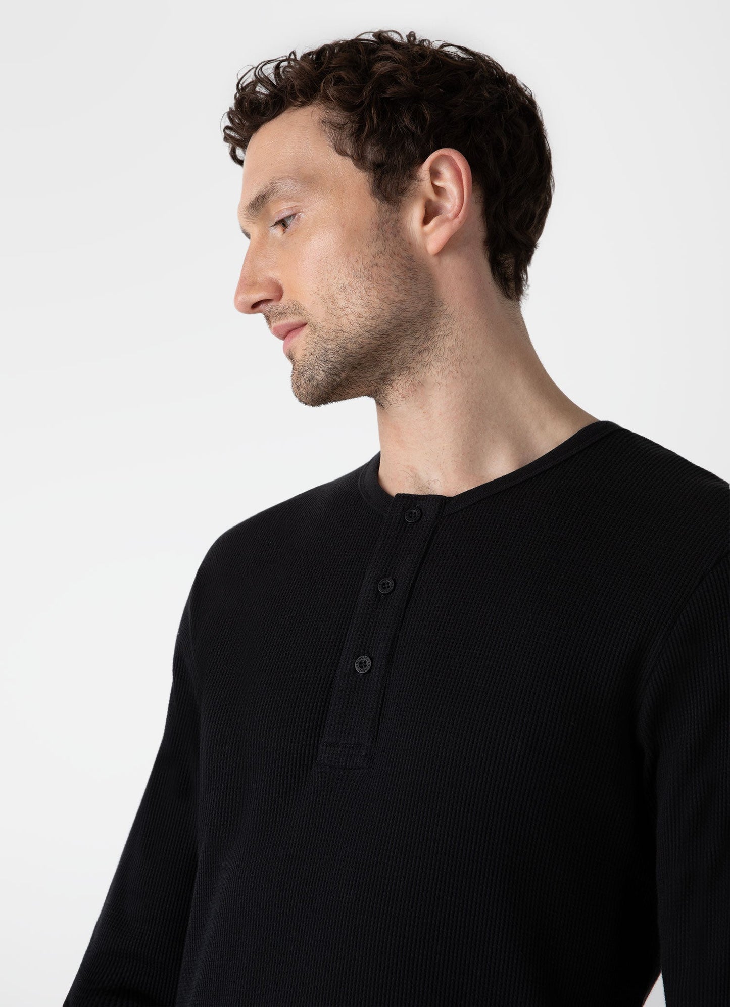 Mens Long Sleeve Waffle Henley In Black Mtsh0162 Bkaa
