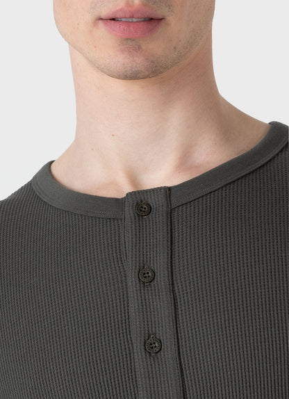 Mens Long Sleeve Waffle Henley In Drill Green Mtsh0162 Gnhv