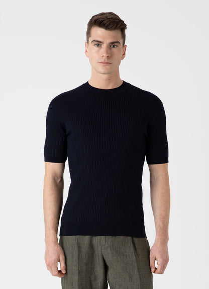 Mens Fine Rib Silk Cotton Tshirt In Navy Mtsh8240 Buaa